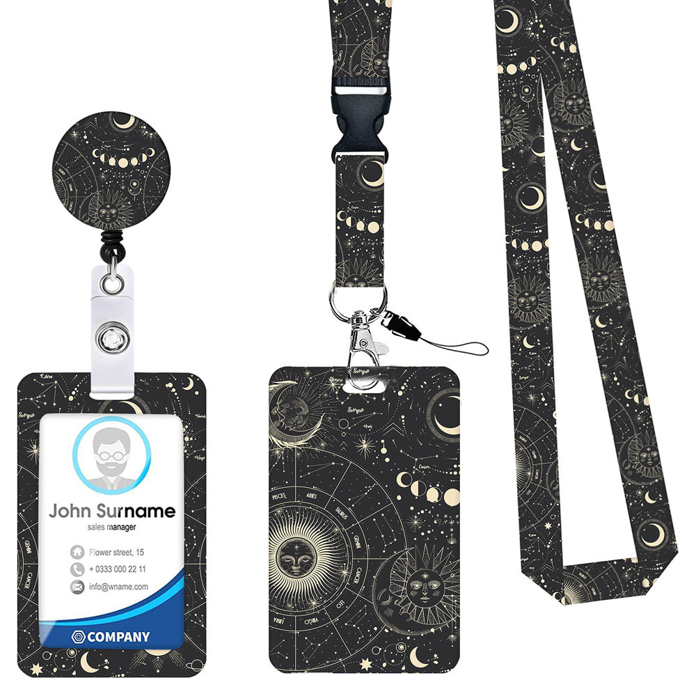 V888-ELOSUNG26242-202504211312-00 2-pcs Retractable ID Badge Reel Lanyard Set with Vertical Hard Plastic Card Holder - Black starry sky (Style 7) - Image 1
