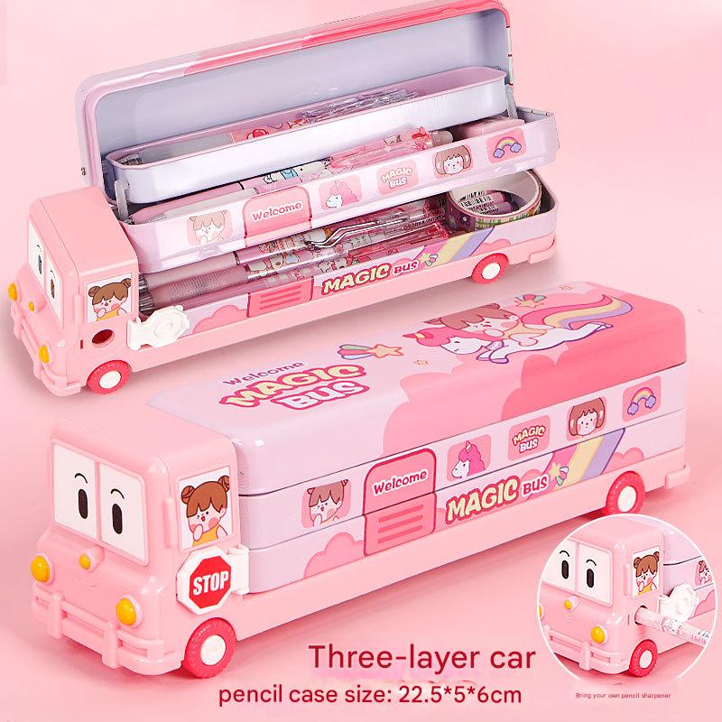 V888-ELOSUNG26254-202504211328-00 2-pcs Pink Fun School Bus Pencil Box with Built-in Sharpener - 3 Layer Large Capacity Stationery Box for Kids - Image 1