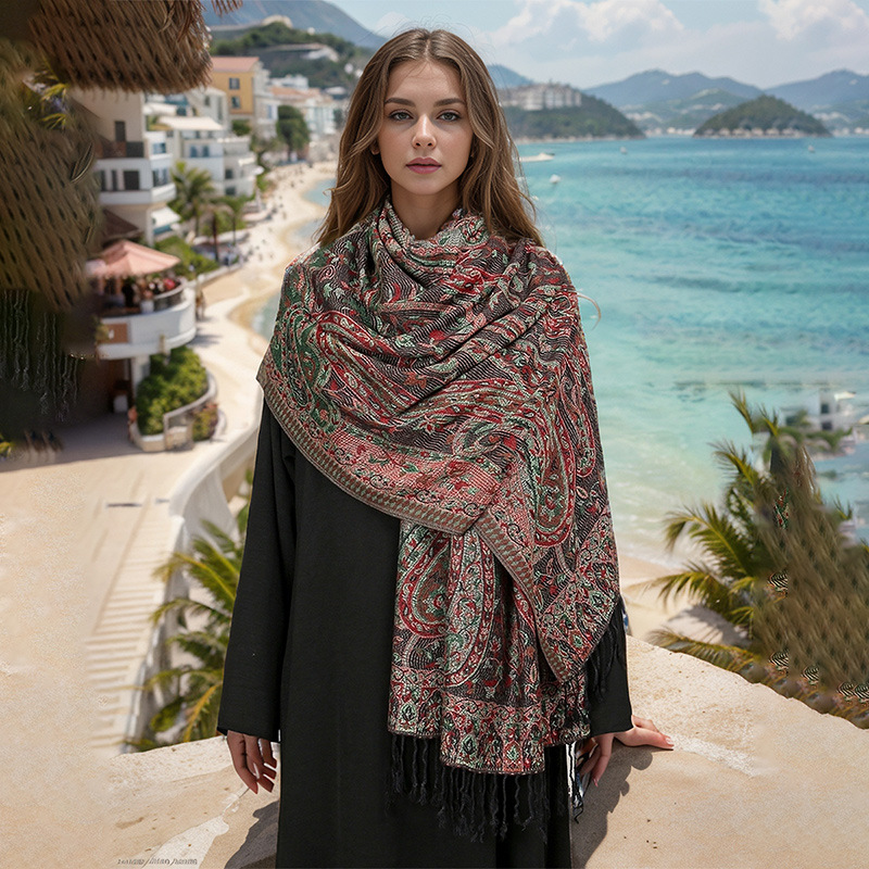 V888-ELOSUNG26332-202504281417-00 Black Elegant Retro Paisley Print Scarf for Women - Soft Fashion Shawl Wrap 185x70cm - Image 1