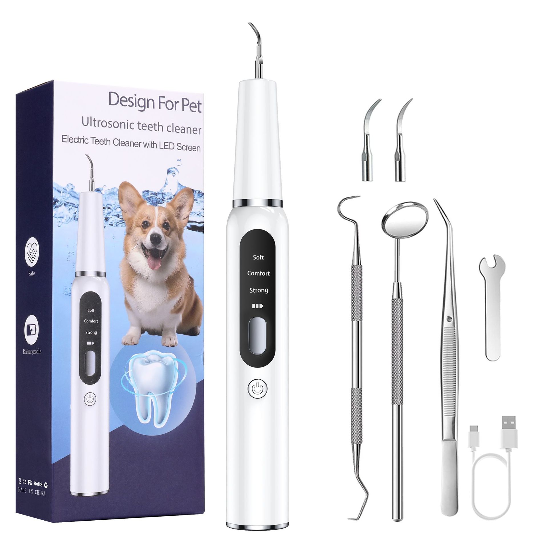 V888-ELOSUNG26389-202504281240-00 White Professional Pet Dental Cleaning Kit - Ultrasonic Scaler, Tools & 3 Modes - Image 1