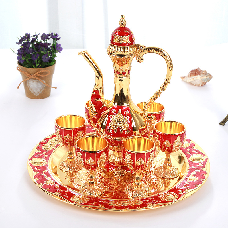 V888-ELOSUNG26391-202504281243-00 Vintage Palace Style Liquor Serving Set - Metal Pot, 6 Cups & Tray (Golden Red) - Image 1