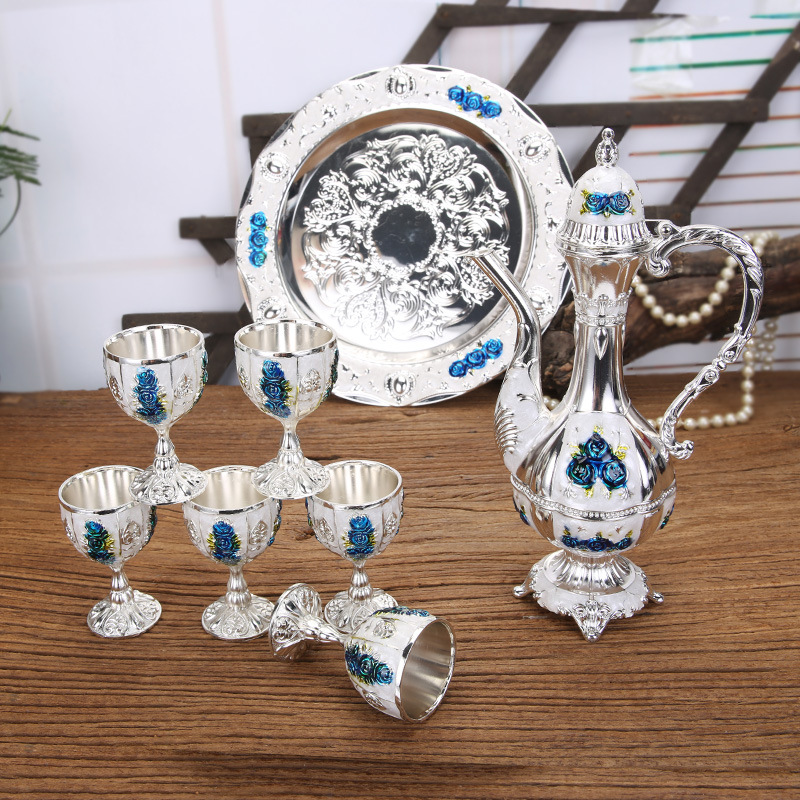 V888-ELOSUNG26395-202504281248-00 Vintage Palace Style Liquor Serving Set - Metal Pot, 6 Cups & Tray (Silvery blue rose) - Image 1