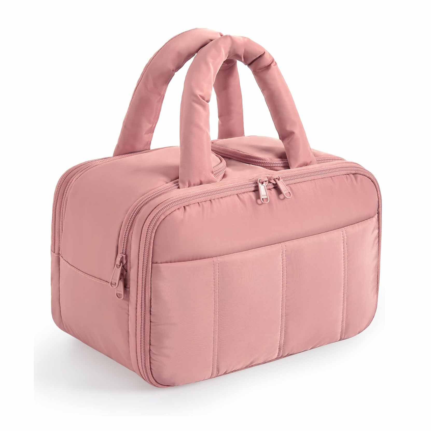V888-ELOSUNG26455-202504281352-00 Peach Puffy Travel Wash Bag with Wide-Mouth Access and Wet-Dry Pockets - Image 1