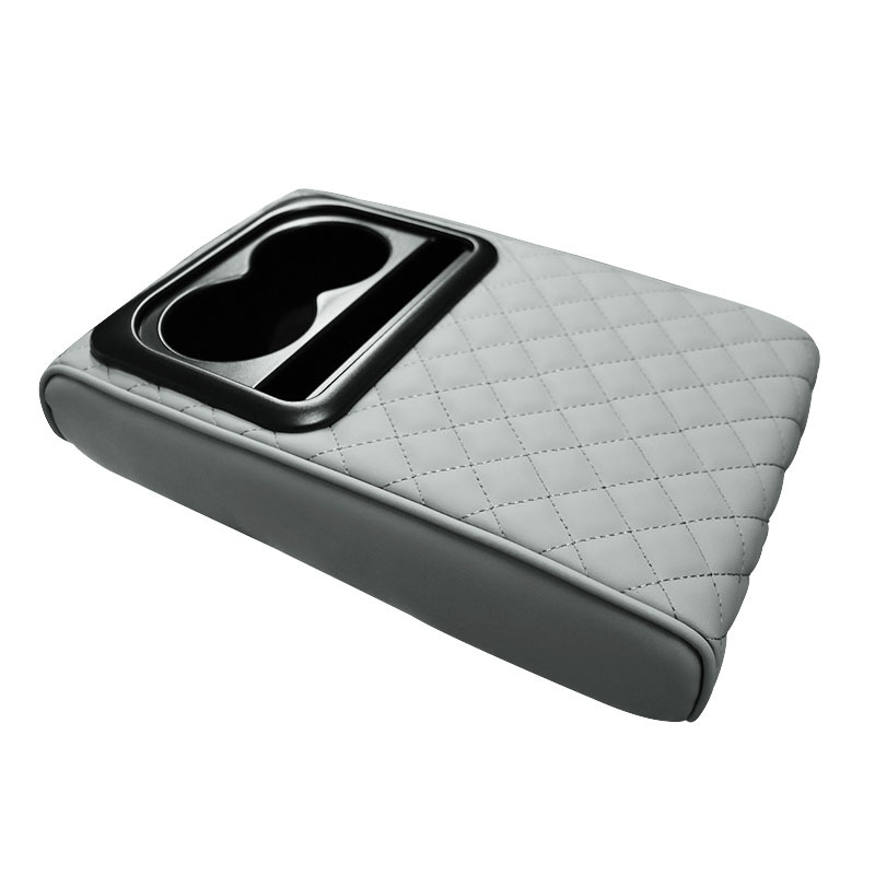 V888-ELOSUNG26480-202504281542-00 Gray Auto Center Console Armrest Riser Pad with Dual Cup Holders - PU Leather - Image 1