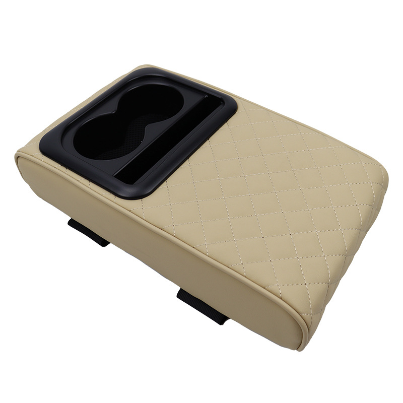 V888-ELOSUNG26481-202504281542-00 Beige Auto Center Console Armrest Riser Pad with Dual Cup Holders - PU Leather - Image 1