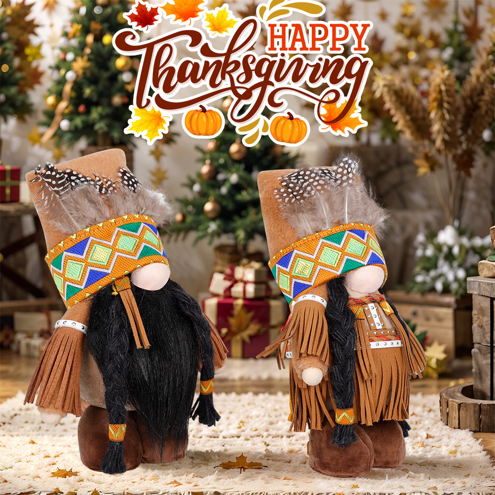 V888-ELOSUNG26498-202504281227-00 Plush Thanksgiving Dolls - Faceless Figures with Fringe & Braids (Set of 2) - Image 1