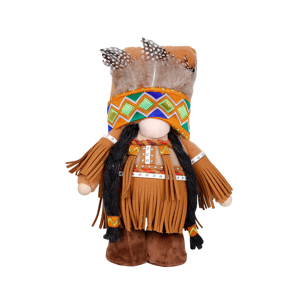 V888-ELOSUNG26499-202504281230-00 Handmade Thanksgiving Doll Set - Boy Figures with Feather Headbands - Image 1