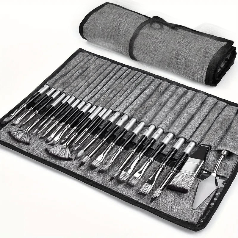 V888-ELOSUNG26525-202504291605-00 24pc Artist Paint Brush Set with Canvas Roll-Up Case - Nylon Hair Brushes for Acrylic Watercolor Oil Gouache Painting - Image 1