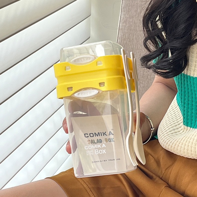 V888-ELOSUNG26721-202505131641-00 Yellow Portable salad cup with ingredient compartment and fork and spoon - enjoy breakfast on the go - Image 1