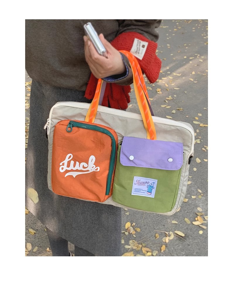 V888-ELOSUNG26750-202505131821-00 White Color Block Canvas Laptop Tote Bag - Funky Multi-Pocket Design for Women (37*31*3cm) - Image 1