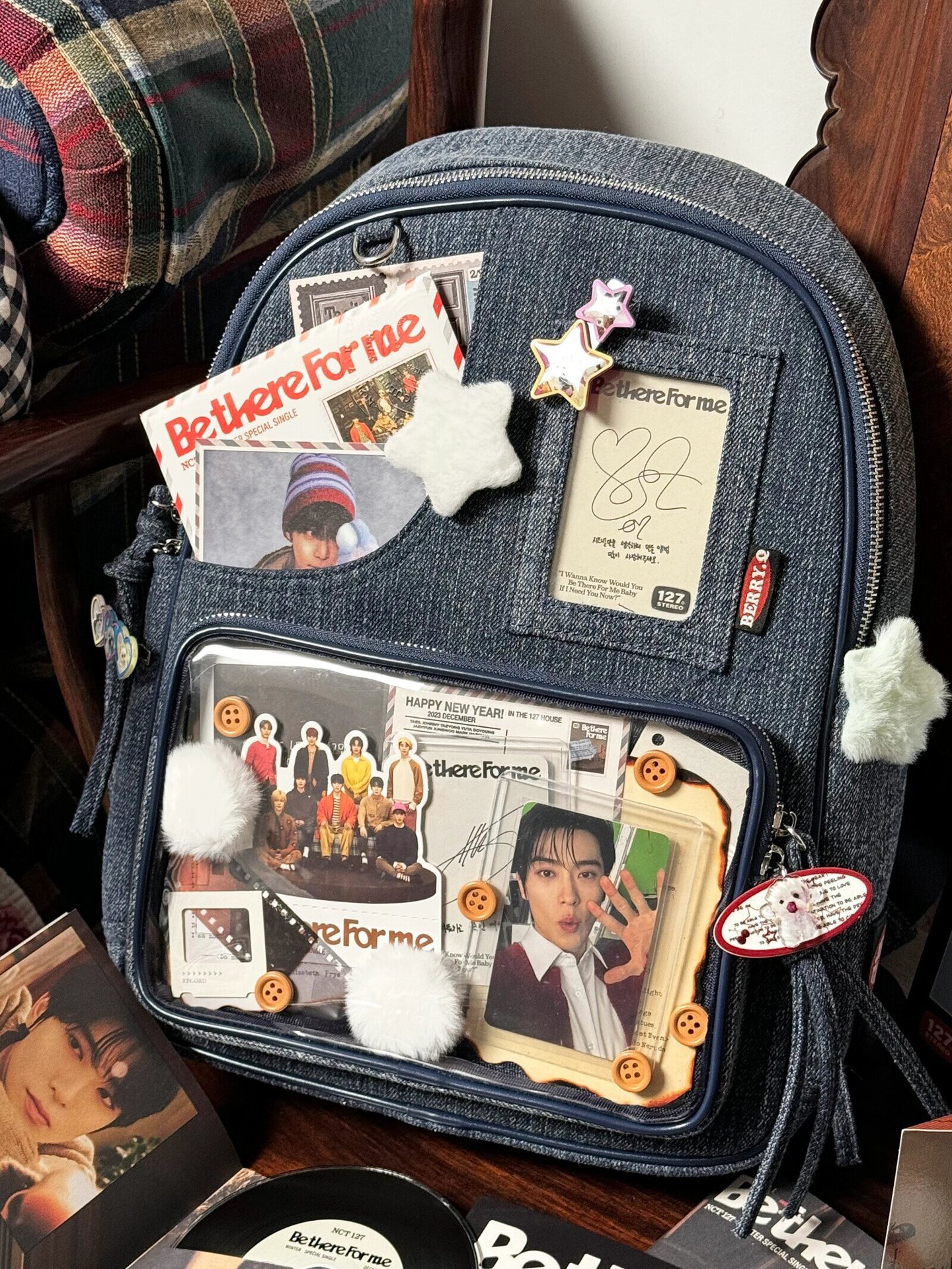 V888-ELOSUNG26753-202505131917-00 Dark blue Large Capacity Anime Denim Bookbag for School Commute Anime Fans - Image 1