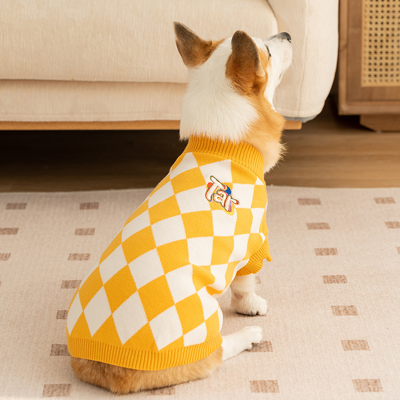 V888-ELOSUNG26798-202505131632-00 Classic Argyle Dog Sweater - Yellow & White Knit for Corgis & Medium Breeds (Size : S) - Image 1