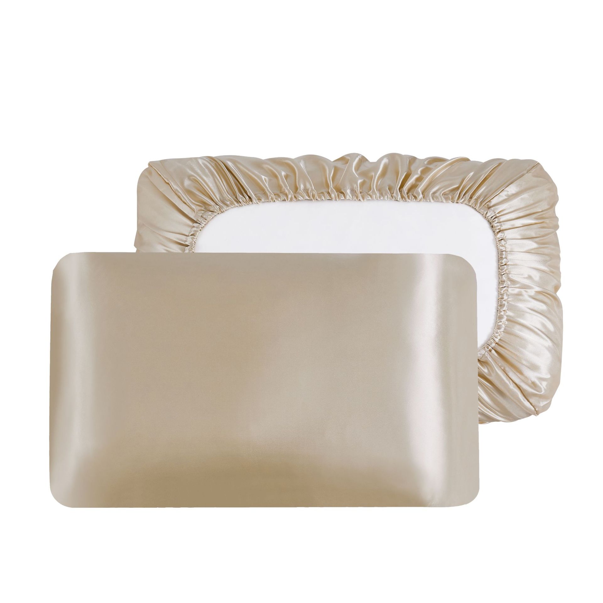 V888-ELOSUNG26836-202505151725-00 Champagne Silky Satin Pillowcase Pair - Smooth for Hair & Skin, Elastic Fitted (46x70+16cm) - Image 1