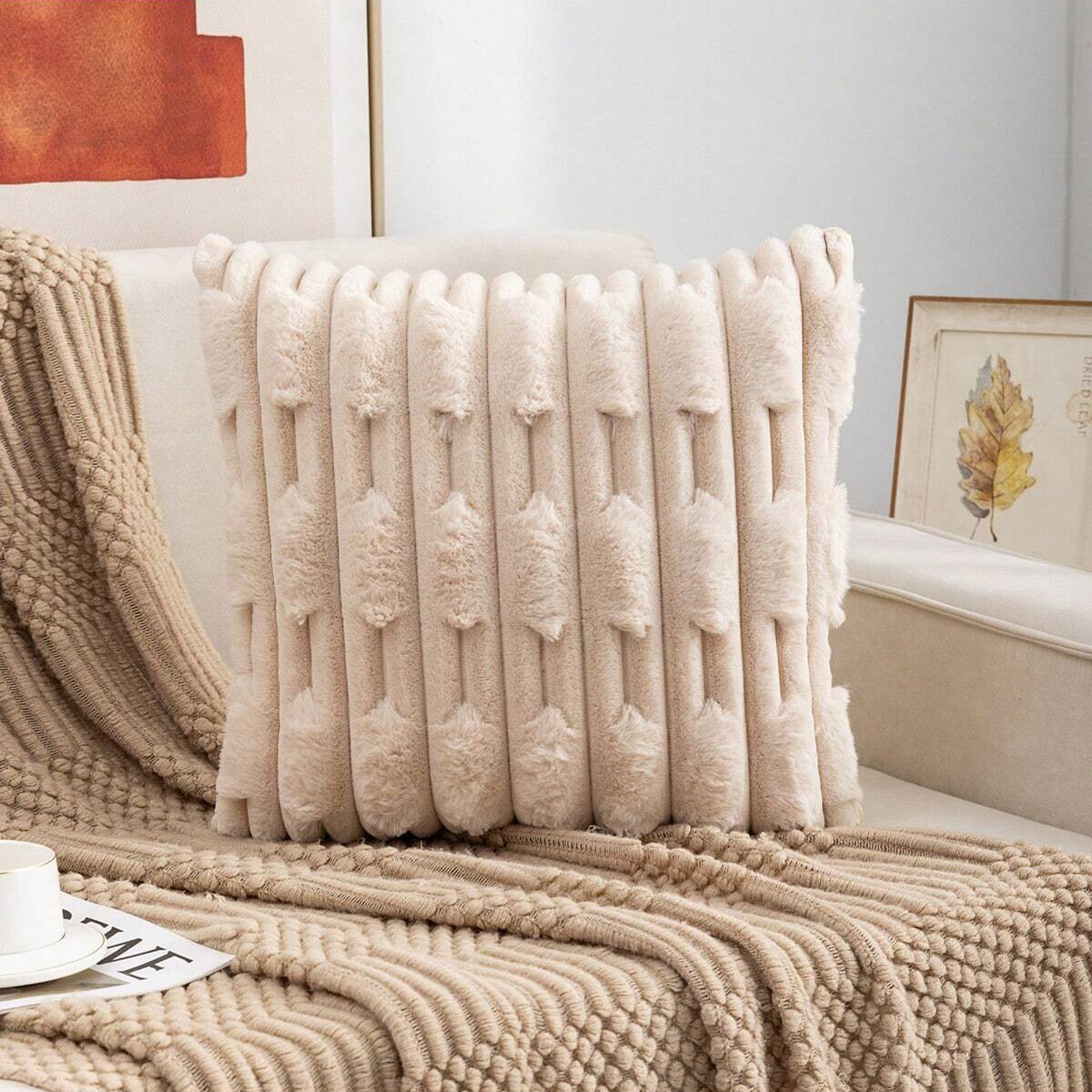 V888-ELOSUNG26939-202505191236-00 A pair of Khaki Plush Faux Rabbit Fur Throw Pillow Cover - Textured Wheat Ear Design (45x45cm) - Image 1