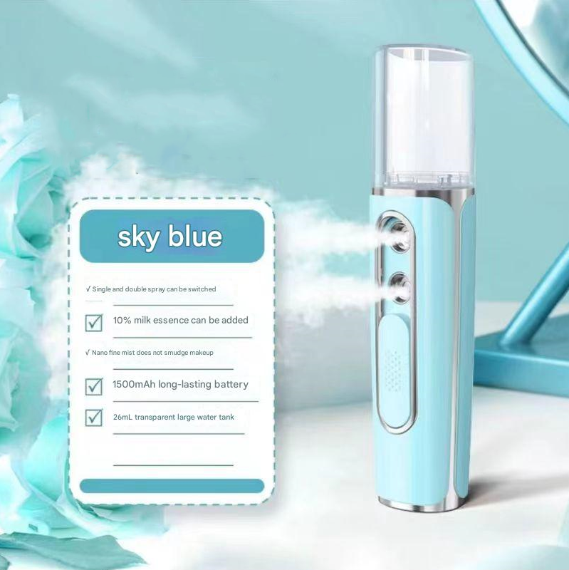 V888-ELOSUNG26968-202505191416-00 Blue Dual Nozzle Nano Facial Mister - USB Rechargeable Hydrating Spray - Image 1