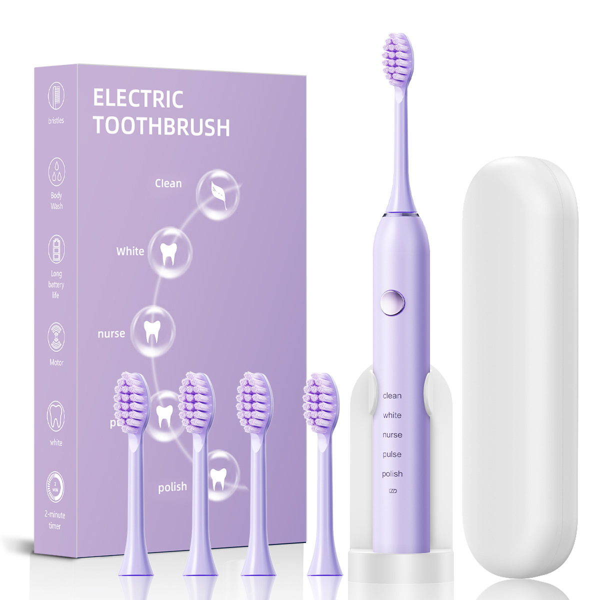 V888-ELOSUNG26976-202505191426-00 Advanced Sonic Toothbrush: 5 Cleaning Modes, 2-Min Timer, USB Fast Charge, Purple (4 brush heads + bracket + toothbrush box) - Image 1