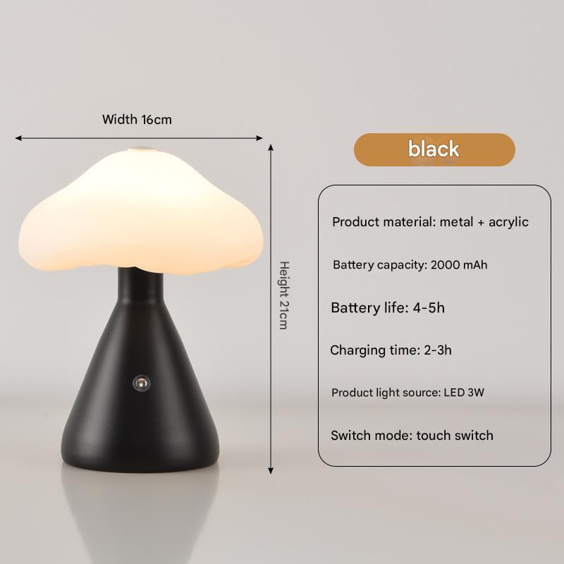V888-ELOSUNG26992-202505191305-00 Black Mushroom LED Table Lamp - Rechargeable, 3-Color Touch Dimmable, USB-C - Image 1