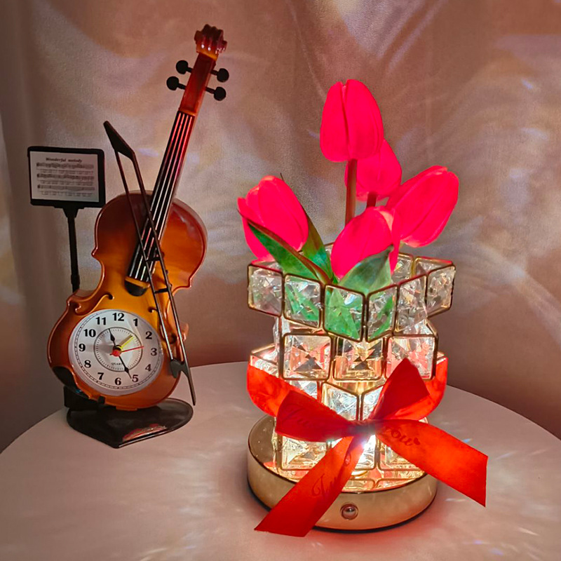 V888-ELOSUNG27060-202504211331-00 Red Elegant Crystal Tulip LED Night Light - Rechargeable Touch Lamp with 3 Colors & Dimming - Image 1