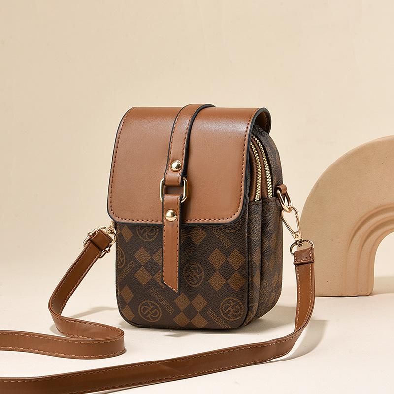 V888-ELOSUNG27085-202504211140-00 Brown and Black Chic Diamond Mini Crossbody Phone Purse - PU Leather Vertical Shoulder Bag with Headphone Port - Image 1