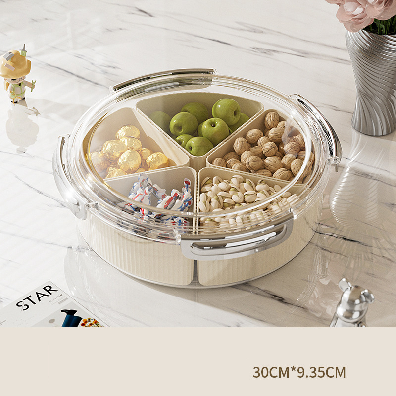 V888-ELOSUNG27101-202504221136-00 Beige And Silver Snap Button Elegant Compartment Serving Tray with Lid - Versatile Snack, Fruit & Candy Box - Image 1