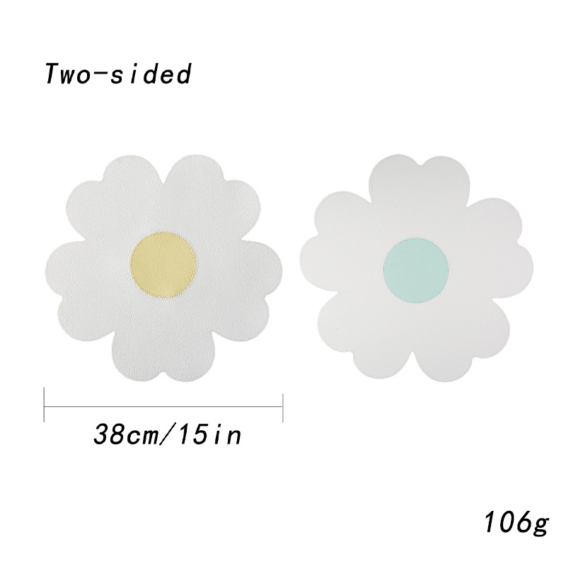 V888-ELOSUNG27134-202504281441-00 White Background With Yellow Heart + Blue Heart Set of 6 Reversible Flower Shaped Placemats - Waterproof PU Leather Dining Table Mats - Image 1