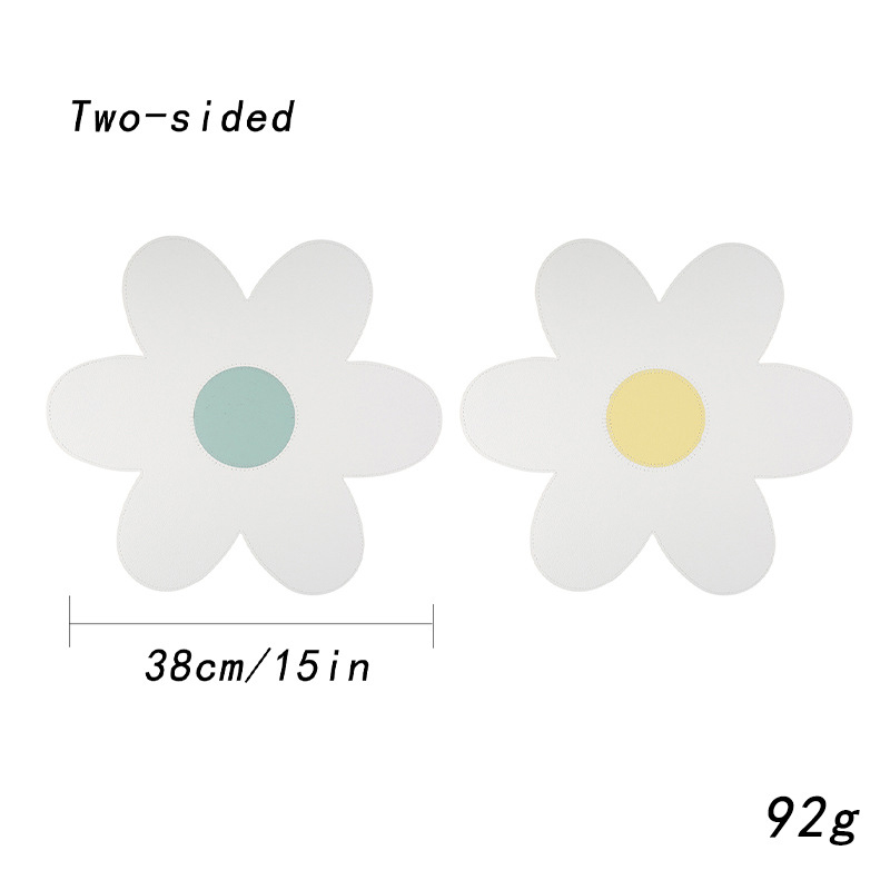 V888-ELOSUNG27136-202504281222-00 White Background With Blue Heart + Yellow Heart Set of 6 Reversible Flower Shaped Placemats - Waterproof PU Leather Dining Table Mats - Image 1