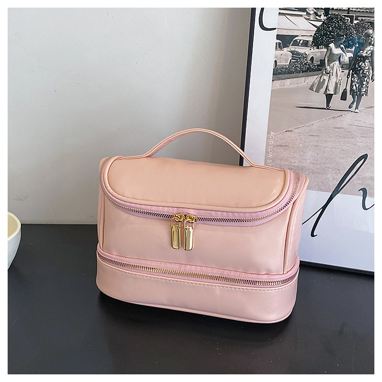 V888-ELOSUNG27149-202504281536-00 Pink Large Capacity Double Layer PU Leather Makeup Bag - Portable Travel Cosmetic Organizer Case - Image 1