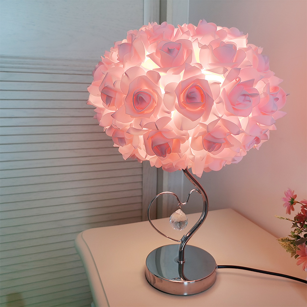 V888-ELOSUNG27157-202504281228-00 Pink Roses And Silver Base Romantic Red Rose Flower Table Lamp - Crystal Heart Accent Bedside Night Light - Image 1