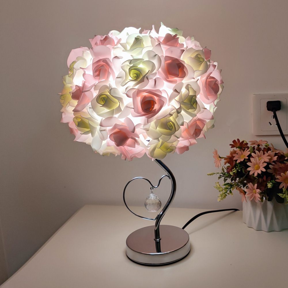 V888-ELOSUNG27159-202504281231-00 Pink,Green Roses And Silver Base Romantic Red Rose Flower Table Lamp - Crystal Heart Accent Bedside Night Light - Image 1