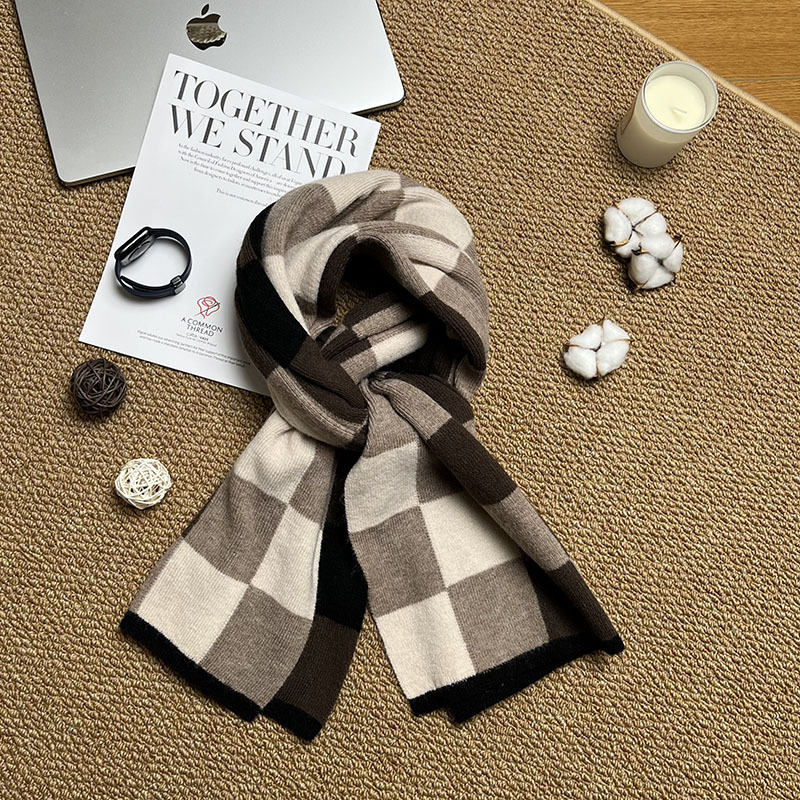 V888-ELOSUNG27162-202504281207-00 Coffee,Grey And Beige Unisex Retro Checkered Knit Scarf - Soft Thick Winter Shawl Wrap - Image 1