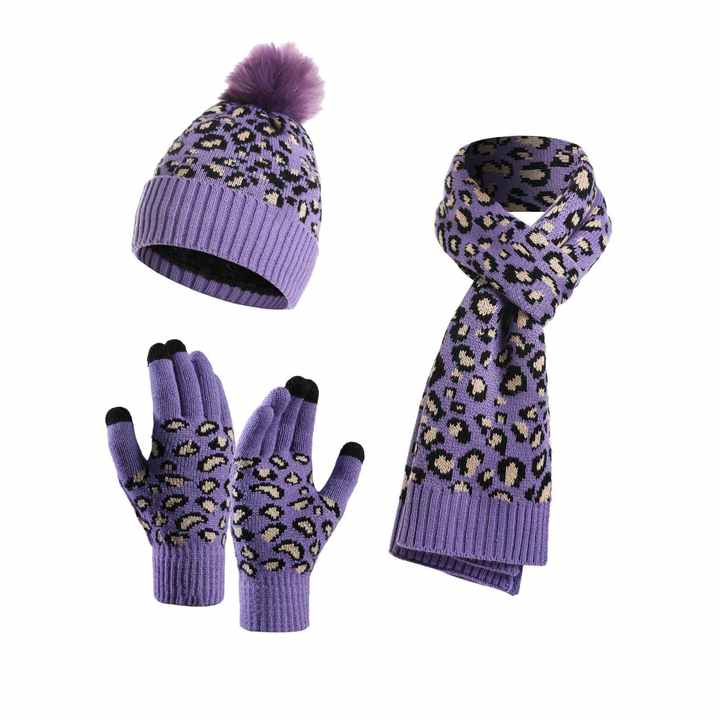 V888-ELOSUNG27166-202504281247-00 Purple Women's 3-Piece Winter Knit Set - Leopard Print Plush Lined Beanie Hat, Scarf & Touchscreen Gloves - Image 1