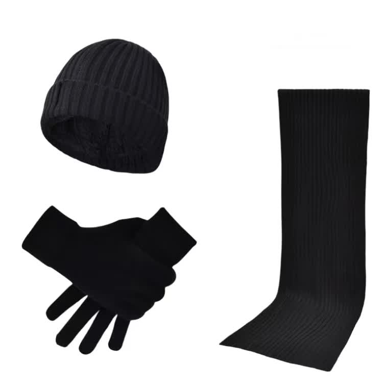 V888-ELOSUNG27170-202504281310-00 Black Men's 3-Piece Winter Warm Ribbed Knit Beanie Hat Scarf and Gloves Set - Image 1