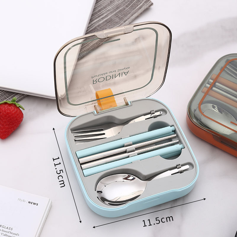 V888-ELOSUNG27182-202504281212-00 2 Sets Blue And Grey Portable Stainless Steel Cutlery Set - Reusable Utensils (2 Fork, 2 Spoon, 2 pairs of Chopsticks) with Compact Travel Case - Image 1