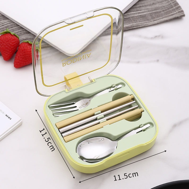 V888-ELOSUNG27183-202504281410-00 2 Sets Green Portable Stainless Steel Cutlery Set - Reusable Utensils (2 Fork, 2 Spoon, 2 pairs of Chopsticks) with Compact Travel Case - Image 1