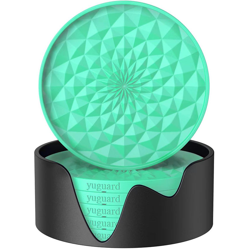 V888-ELOSUNG27196-202504281512-00 Green and Black Geometric Silicone Drink Coasters Set (6 Pack) with Holder - Non-Slip Table Protectors - Image 1