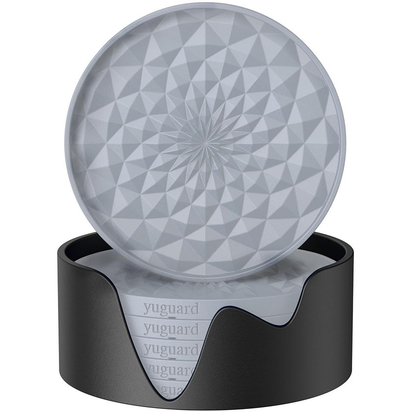 V888-ELOSUNG27199-202504281516-00 Grey and Black Geometric Silicone Drink Coasters Set (6 Pack) with Holder - Non-Slip Table Protectors - Image 1