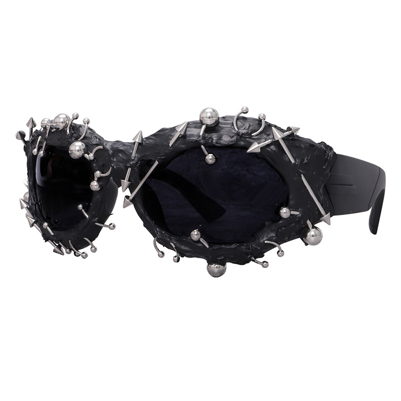 V888-ELOSUNG27200-202504281520-00 Black Edgy Punk Rock Spiked Sunglasses - Statement Goth Studded Eyewear - Image 1