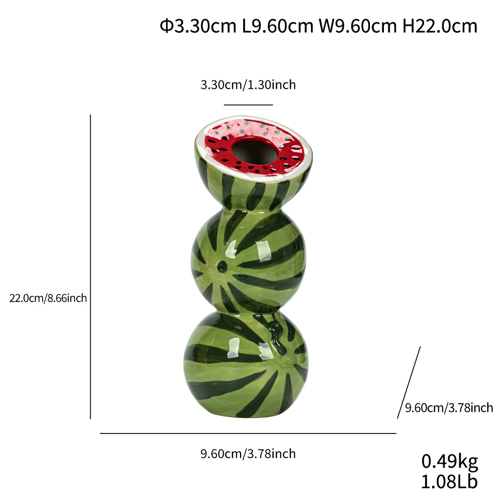 V888-ELOSUNG27209-202504281538-00 Green and Red Whimsical Stacked Watermelon Ceramic Vase - Novelty Tabletop Decor - Image 1