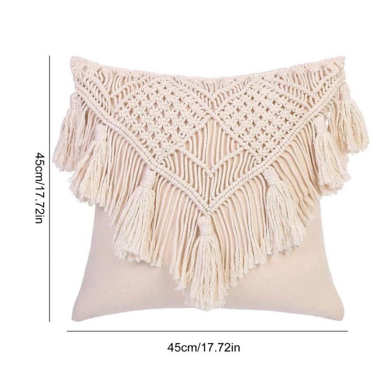 V888-ELOSUNG27272-202504281227-00 Beige Boho Chic Macrame Cushion Cover - Handmade Woven Cotton Linen Pillow Case with Tassels - Decorative Throw Pillow Sham 45x45cm (Cover Only) - Image 1