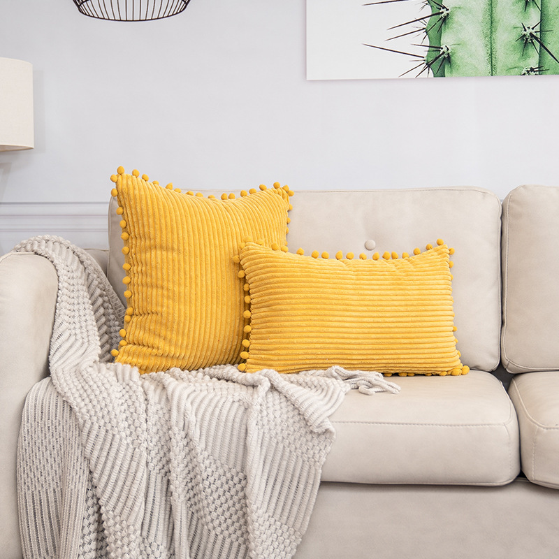 V888-ELOSUNG27281-202504291532-00 Yellow Soft Corduroy Cushion Cover Set (1 Square + 1 Rectangular) with Pom Pom Trim - Decorative Throw Pillow Cases for Sofa Couch - Image 1