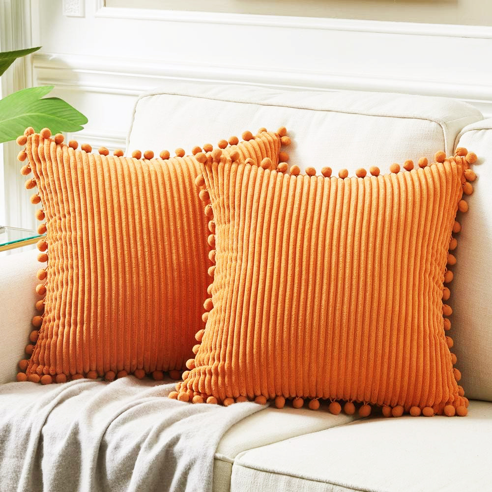 V888-ELOSUNG27302-202504291547-00 Orange Soft Corduroy Cushion Covers with Pom Pom Trim - Set of 2 Decorative Throw Pillow Cases for Sofa Couch Bed, 45x45cm - Image 1