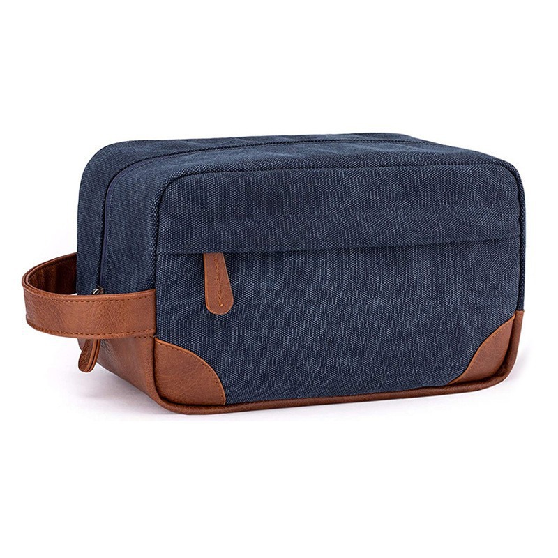 V888-ELOSUNG27332-202505061342-00 Dark Blue And Brown Men's Canvas Toiletry Bag - Large Capacity Water-Resistant Travel Organizer Dopp Kit with Handle - Image 1