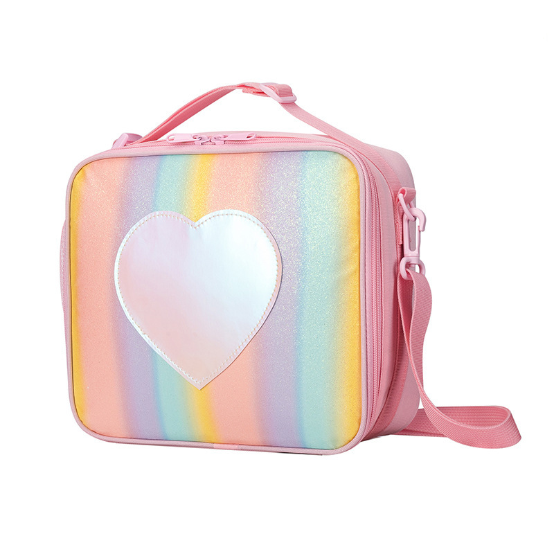 V888-ELOSUNG27338-202505061406-00 Pink Sparkling Rainbow Heart Insulated Lunch Bag for Kids - Portable School Lunch Box with Shoulder Strap - Image 1