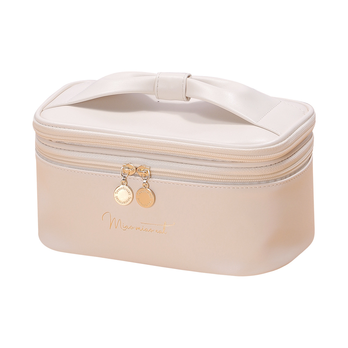 V888-ELOSUNG27339-202505061408-00 Beige Stylish PU Leather Makeup Bag - Large Capacity Double Layer Waterproof Travel Cosmetic Organizer Case for Women - Image 1