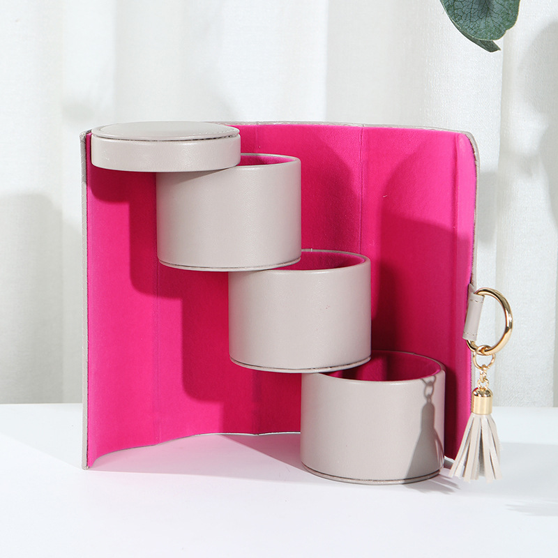 V888-ELOSUNG27348-202505071446-00 Beige and Pink Elegant 3-Tier Cylindrical Travel Jewellery Box - PU Leather Organizer for Rings Earrings Necklaces with Tassel Charm - Image 1