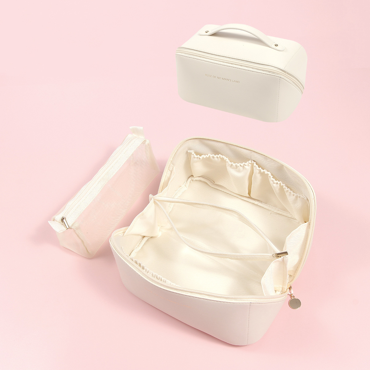 V888-ELOSUNG27366-202505071501-00 Beige Elegant PU Leather Makeup Bag & Toiletry Organizer with Detachable Mesh Pouch - Large Capacity Travel Cosmetic Case - Image 1