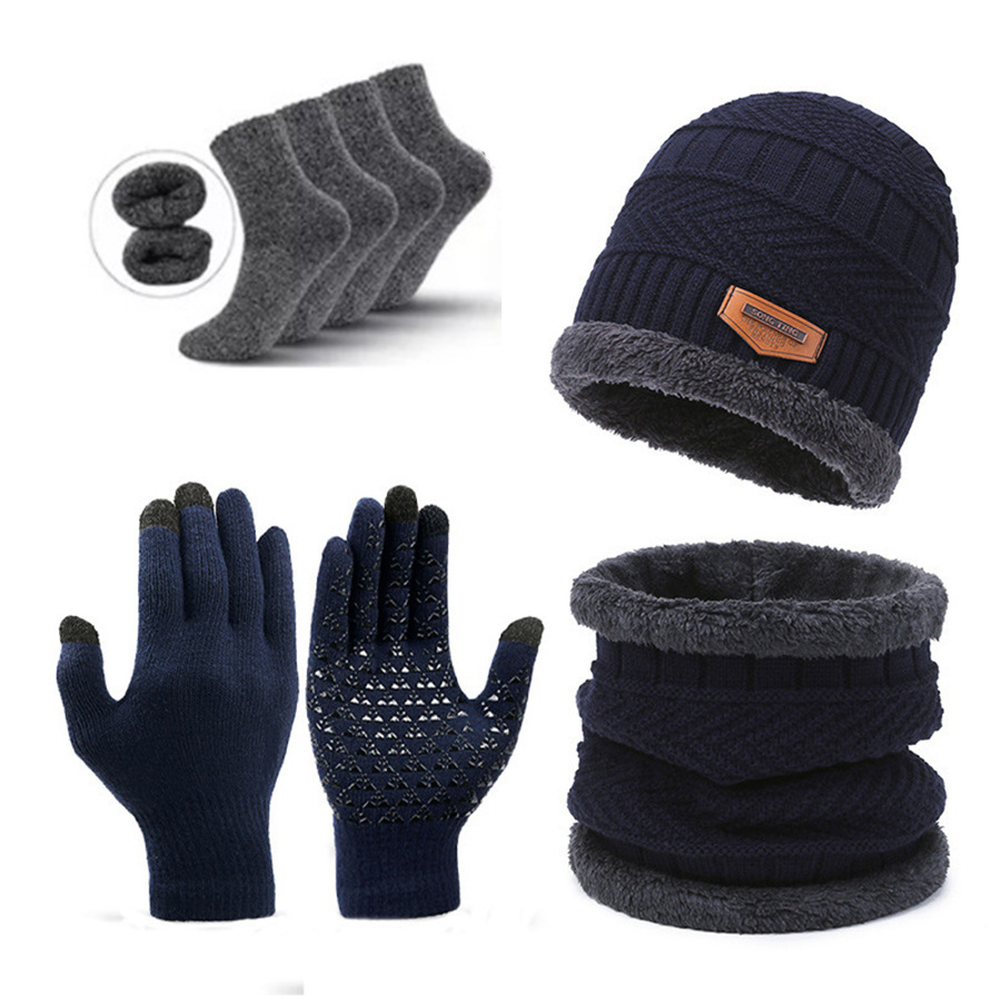 V888-ELOSUNG27458-202505131645-00 Dark Blue Men's 5-Piece Winter Essentials Set - Lined Beanie Hat, Neck Warmer, Touchscreen Gloves & 2 Pairs Thermal Socks - Image 1