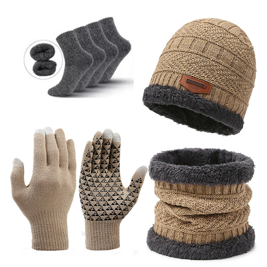 V888-ELOSUNG27459-202505131646-00 Khaki Men's 5-Piece Winter Essentials Set - Lined Beanie Hat, Neck Warmer, Touchscreen Gloves & 2 Pairs Thermal Socks - Image 1