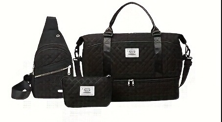 V888-ELOSUNG27487-202505131746-00 Black Chic 3-Piece Quilted Travel Bag Set - Duffel, Crossbody Sling & Toiletry Pouch - Large Capacity & Lightweight - Image 1
