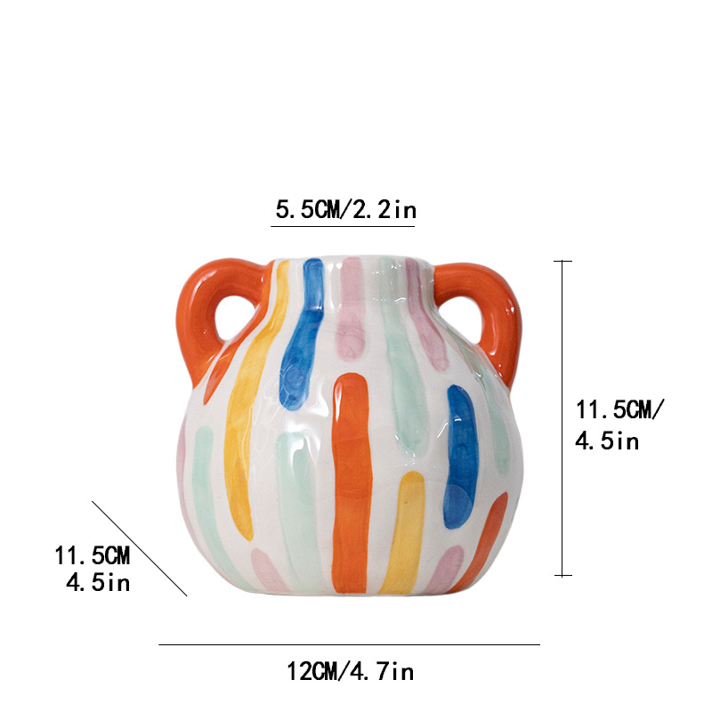 V888-ELOSUNG27552-202505131715-00 Colorful Artistic Hand-Painted Ceramic Vase - Dual Handle Pot Style - Colourful Striped Home Decor Accent - Image 1